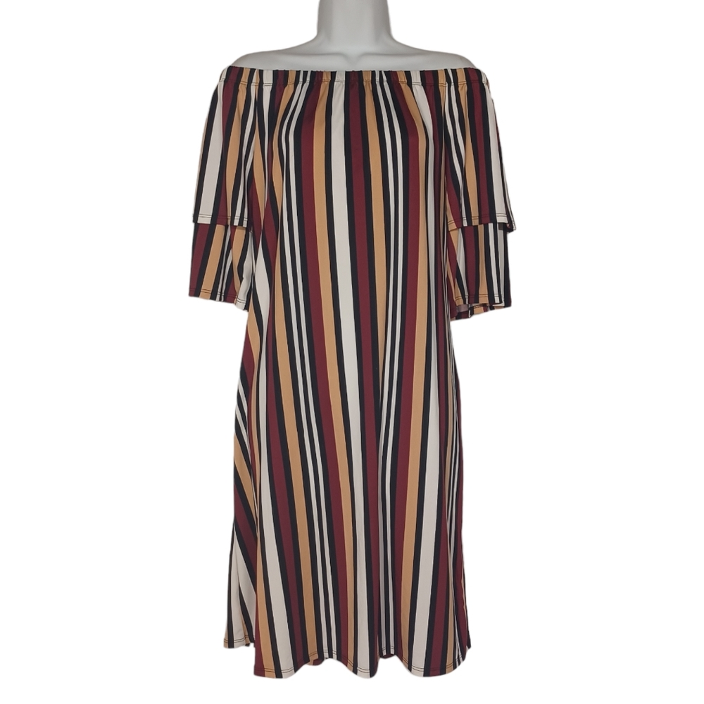 WANDERLUX Burgundy Black Tan Stripe Off Shoulder Stretchy Dress Small